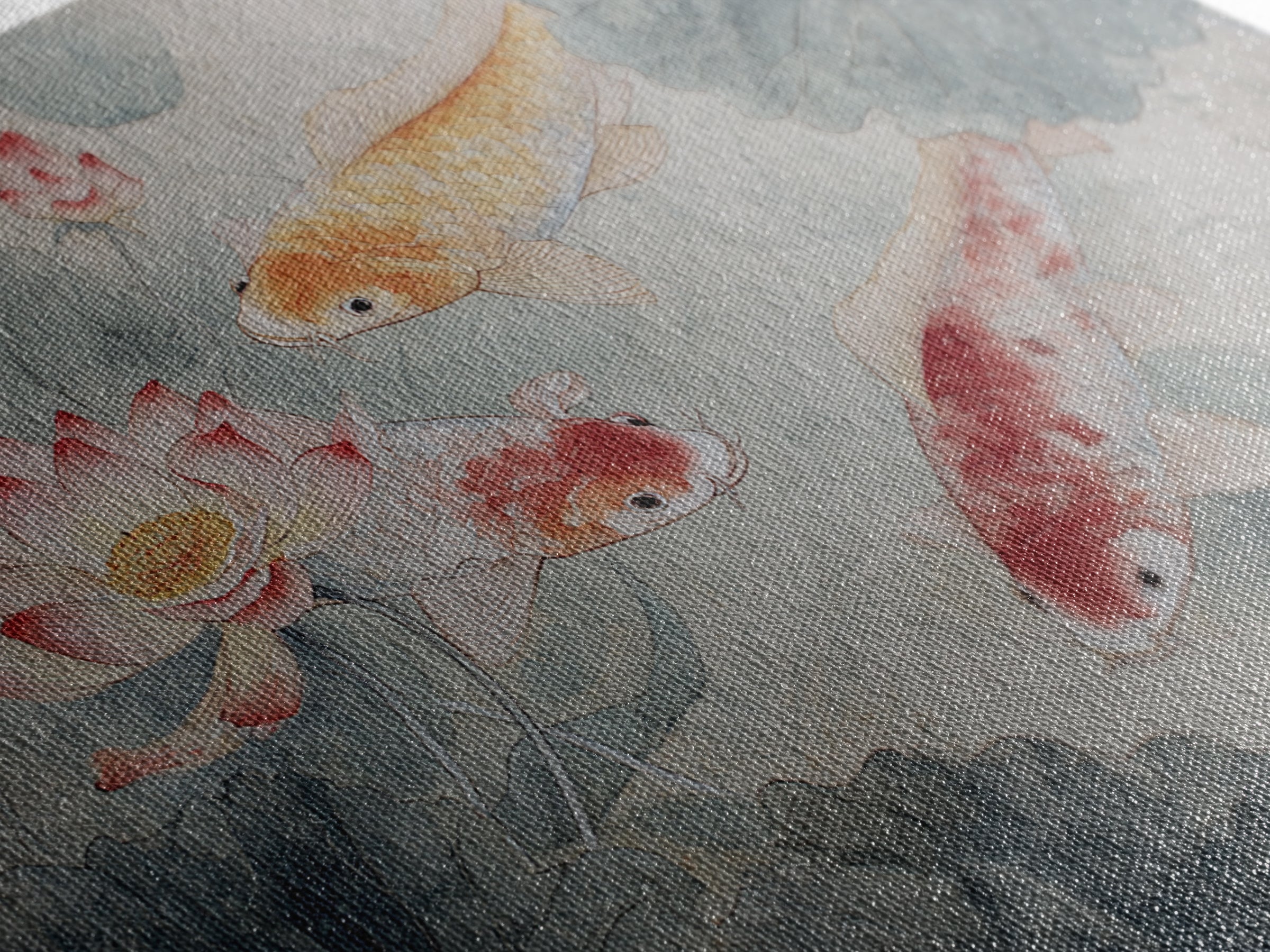 Koi Fish Circling Beneath Floating Lotus Blossoms Canvas Print, Asian Inspired Art, Digital Download Art, Living Room Decor, ASI-3x2-54