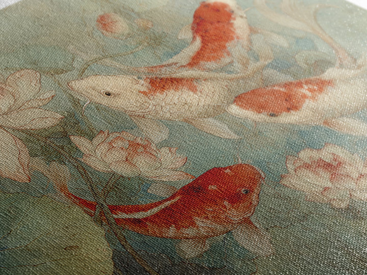 Koi Fish Circling Beneath Floating Lotus Blossoms Canvas Print, Asian Inspired Art, Botanical Print, Living Room Decor, Harmony, ASI-3x2-78