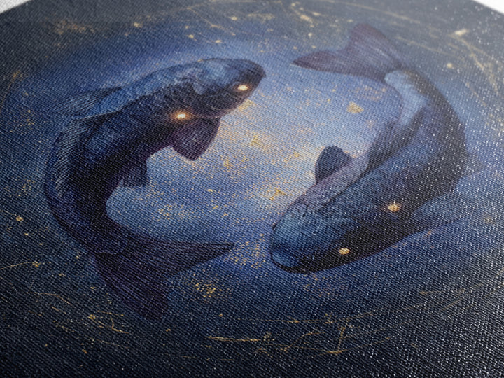 Cosmic Fish Pair Circling a Moonlit Pool Framed Canvas Print, Astrology Art, Dtf Print, Living Room Decor, Fine Art, Zodiac, AST-1x1-47