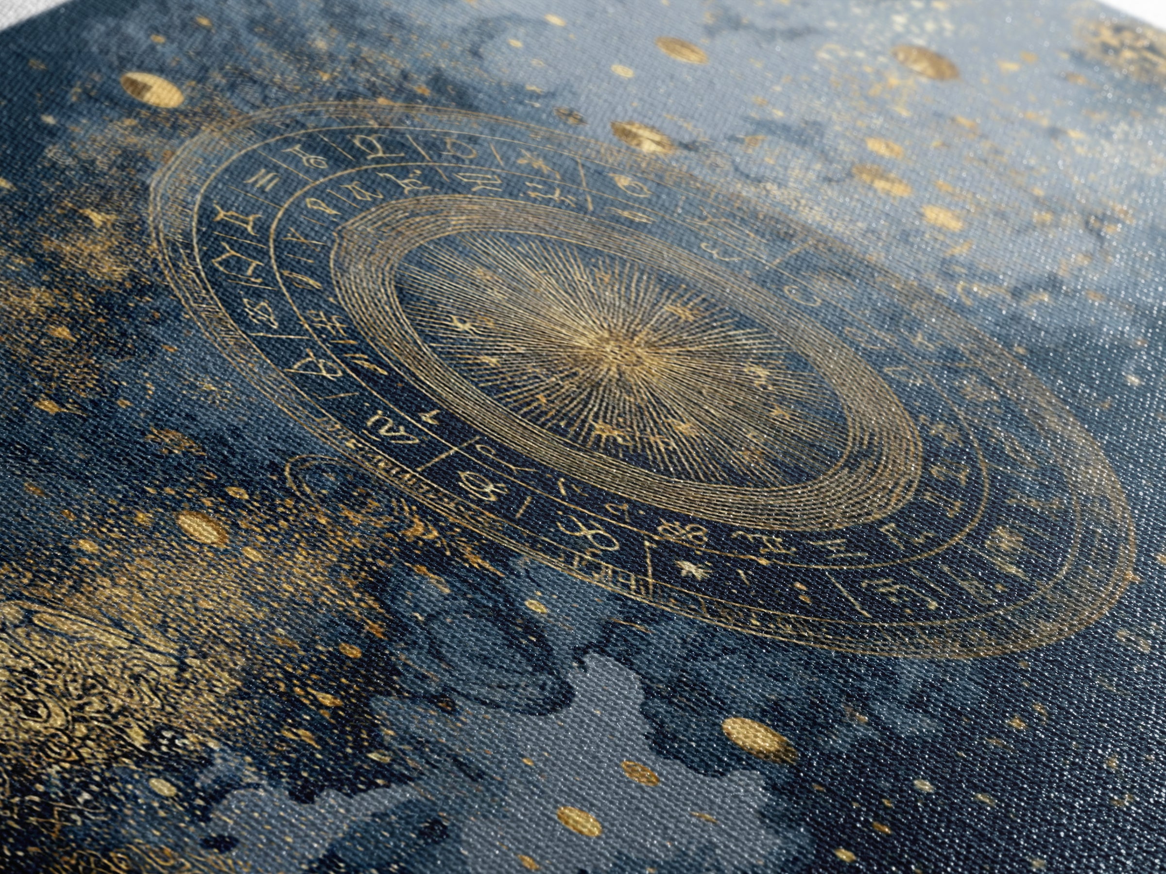 Gold Zodiac Wheel on Deep Midnight Blue Canvas Print, Astrology Art, Digital Wall Art, Living Room Decor, Oil Painting, Zodiac, AST-2x1-21