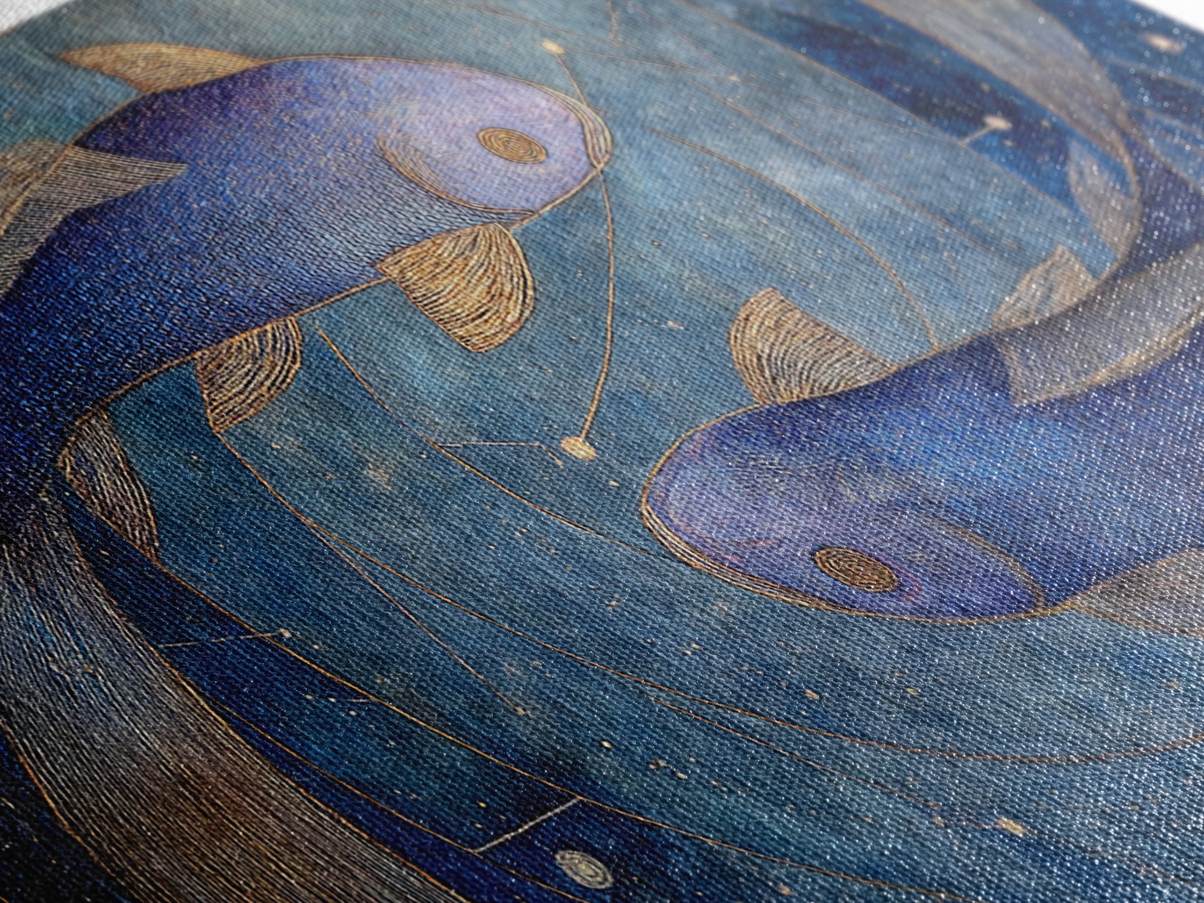 Cosmic Fish Pair Circling a Moonlit Pool Framed Canvas Print, Astrology Art, Art Nouveau, Living Room Decor, Fine Art, Zodiac, AST-2x1-43