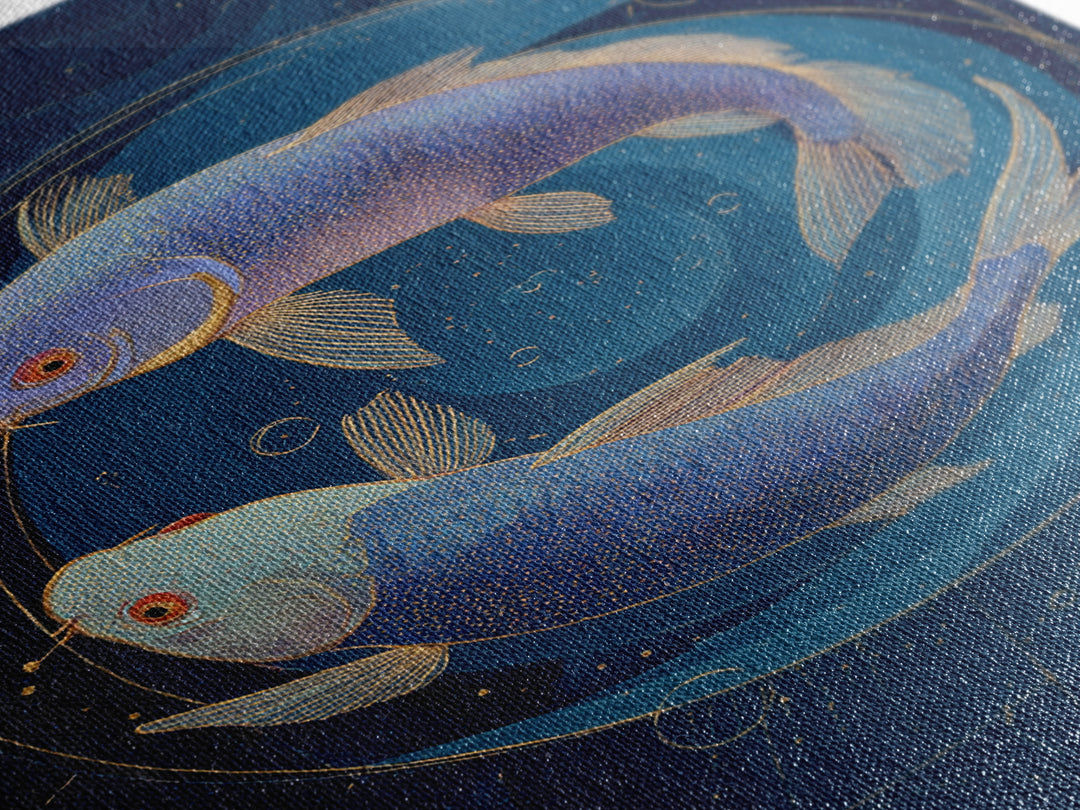 Cosmic Fish Pair Circling a Moonlit Pool Canvas Print, Astrology Art, Poster, Living Room Decor, Zodiac, Astrology Gifts, AST-2x3-31