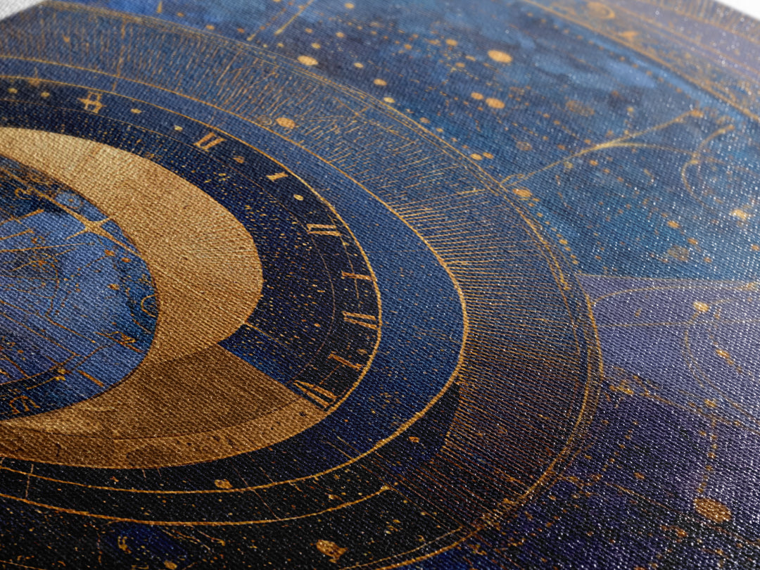 Gold Zodiac Wheel on Deep Midnight Blue Framed Canvas Print, Astrology Art, Astronomy Print, Living Room Decor, Zodiac, AST-3x2-5