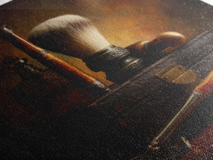 Straight Razor and Shaving Brush on Dark Canvas Print, Barbershop Art, Afrocentric Wall Art, Barbershop Decor, Grooming, BAA-1x1-50