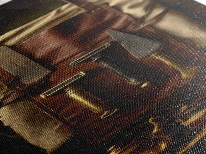Leather Apron and Brass Tools Still Life Canvas Print, Barbershop Art, African American Art, Barbershop Decor, Grooming, BAA-1x3-10