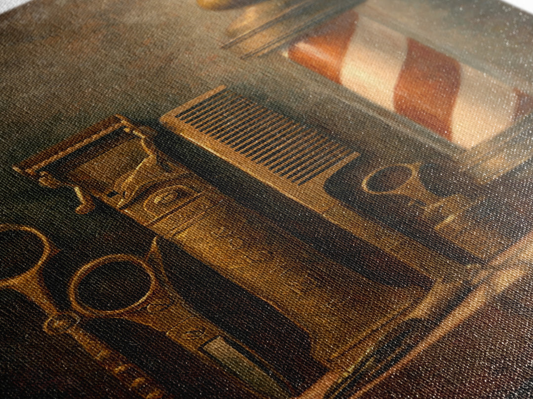 Antique Clippers and Combs on Worn Wood Framed Canvas Print, Barbershop Art, Barbershop Decor, Abstract Art, Grooming, BAA-2x3-41