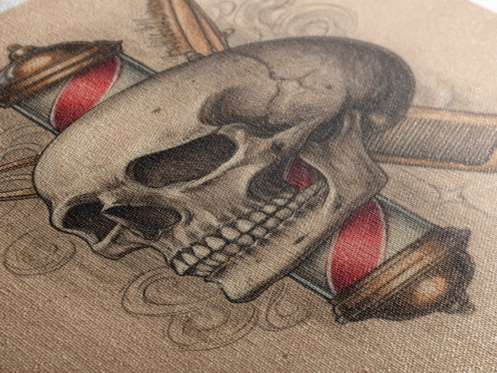 Skull with Comb and Razor in Tattoo Canvas Print, Barbershop Art, Luxury Decor, Barbershop Decor, Fine Art, Grooming, BAA-2x3-71