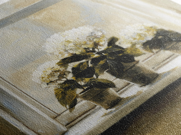 Sunlit Hydrangeas on a Windowsill Canvas Print, Bed and Breakfast Art, Trendy Wall Art, Living Room Decor, Fine Art, BAB-1x1-10