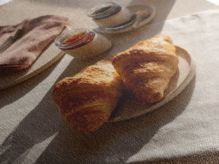 Fresh Croissants and Jam on a Linen Canvas Print, Bed and Breakfast Art, Folk Art, Living Room Decor, Abstract Art, BAB-1x1-26