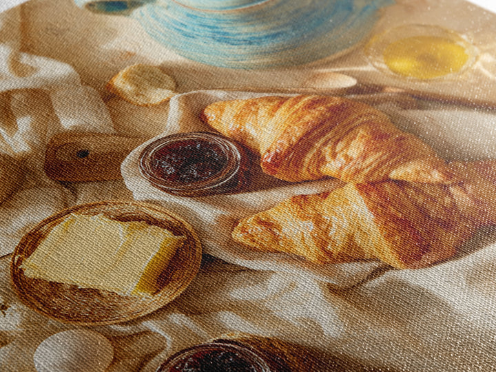 Fresh Croissants and Jam on a Linen Canvas Print, Bed and Breakfast Art, Folk Art, Living Room Decor, Abstract Art, BAB-1x1-50
