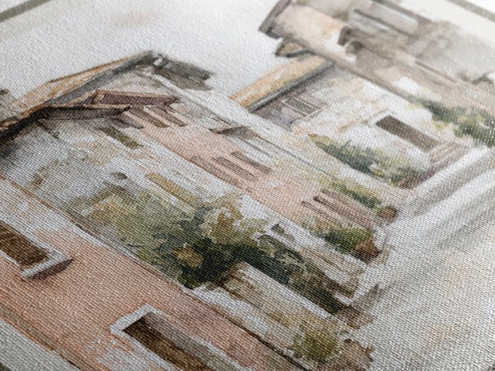 Soft Watercolor Village Street at Dawn Canvas Print, Bed and Breakfast Art, Textured Painting, Living Room Decor, BAB-1x1-53