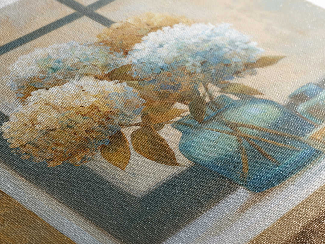 Sunlit Hydrangeas on a Windowsill Canvas Print, Bed and Breakfast Art, Rustic Home Decor, Living Room Decor, BAB-1x1-58