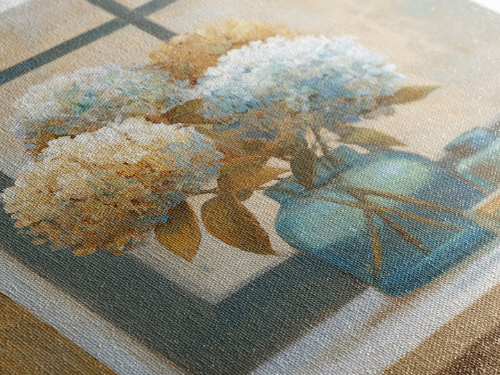 Sunlit Hydrangeas on a Windowsill Canvas Print, Bed and Breakfast Art, Rustic Home Decor, Living Room Decor, BAB-1x1-58