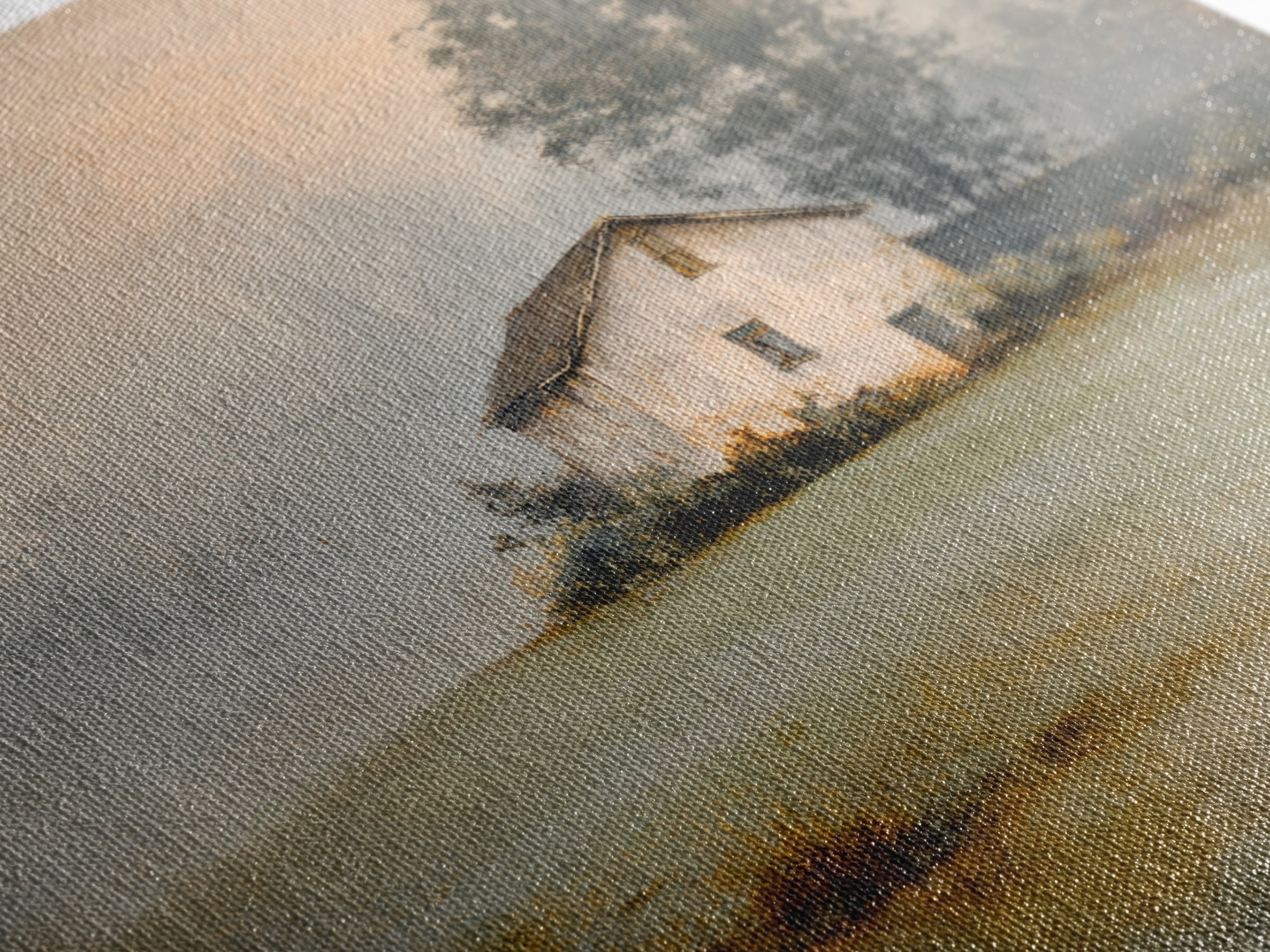 Old Farmhouse Landscape Framed Canvas Print, Bed and Breakfast Art, Wood Wall Art, Living Room Decor, Oil Painting, BAB-1x1-7