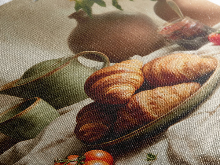 Fresh Croissants and Jam on a Linen Framed Canvas Print, Bed and Breakfast Art, Fine Art Print, Living Room Decor, Abstract Art, BAB-1x1-74