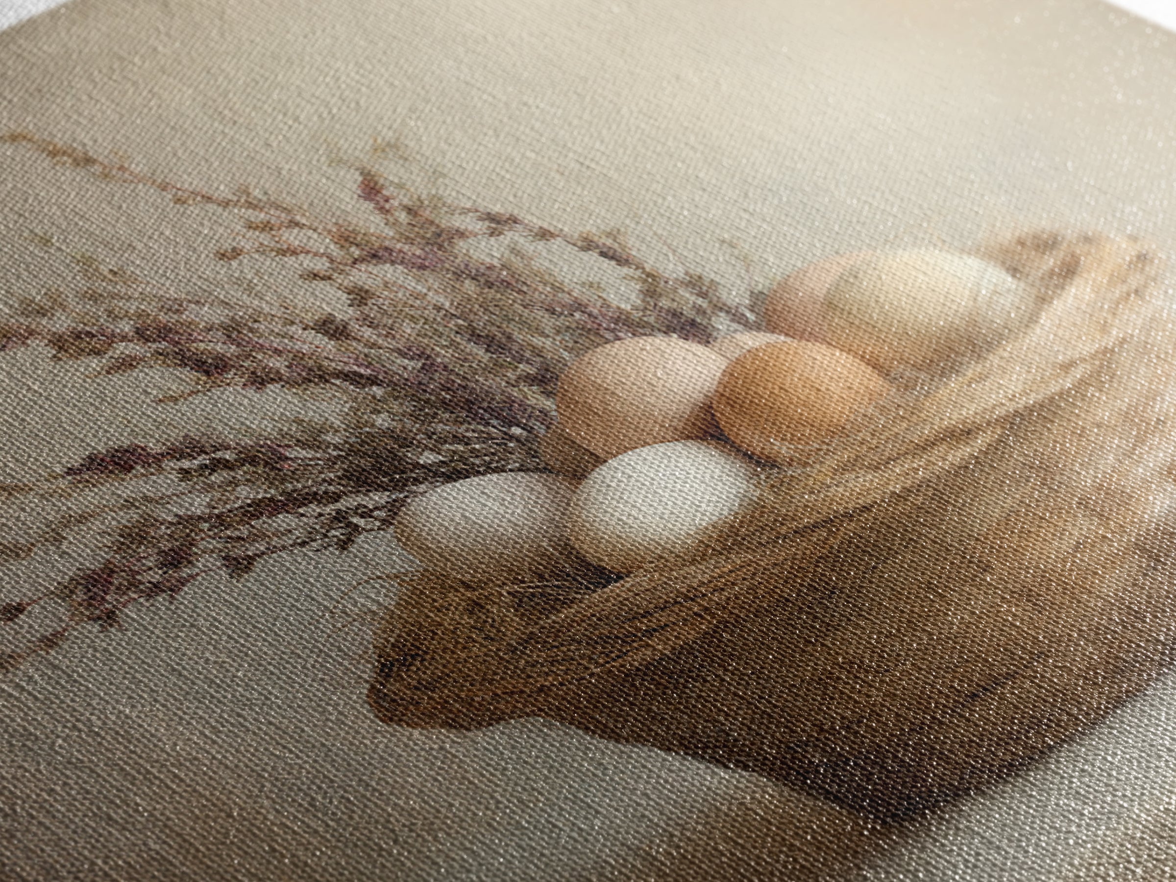 Fresh Eggs in a Woven Basket with Framed Canvas Print, Bed and Breakfast Art, Statement Artwork, Living Room Decor, Fine Art, BAB-1x1-78