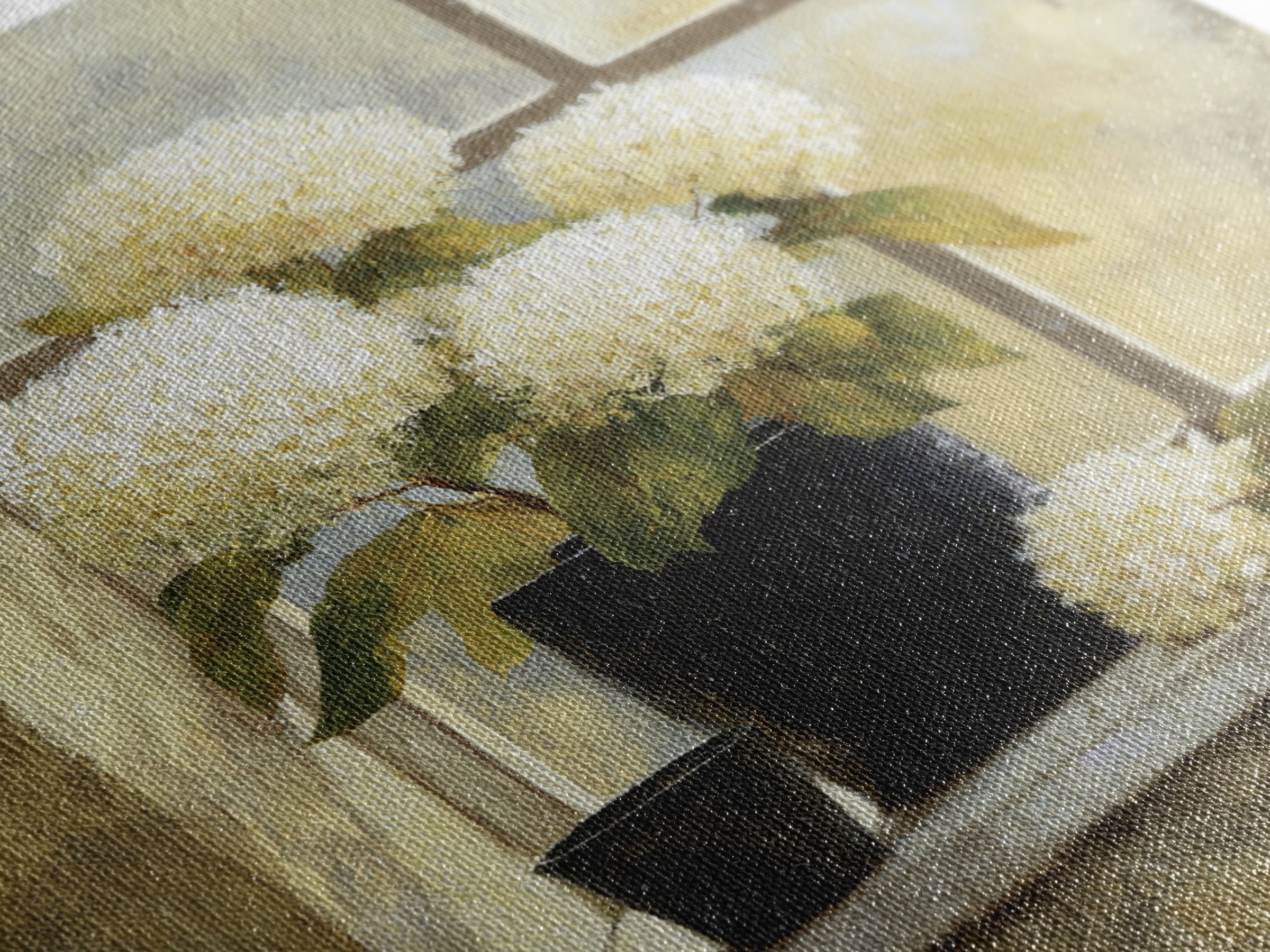 Sunlit Hydrangeas on a Windowsill Canvas Print, Bed and Breakfast Art, Boho Decor, Living Room Decor, Oil Painting, BAB-1x1-82