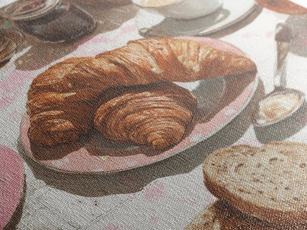 Fresh Croissants and Jam on a Linen Canvas Print, Bed and Breakfast Art, Textured Painting, Living Room Decor, Abstract Art, BAB-1x1-98