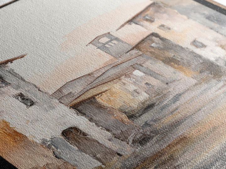Soft Watercolor Village Street at Dawn Canvas Print, Bed and Breakfast Art, Farmhouse Wall Art, Living Room Decor, Fine Art, BAB-1x3-41