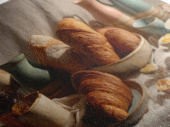 Fresh Croissants and Jam on a Linen Canvas Print, Bed and Breakfast Art, Textured Painting, Living Room Decor, Abstract Art, BAB-2x1-22