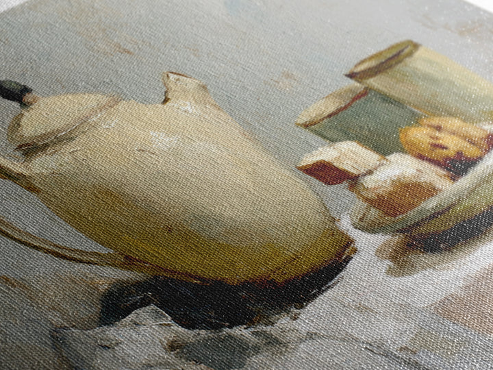 Porcelain Teapot and Scones Canvas Print, Bed and Breakfast Art, Wall Art, Living Room Decor, Oil Painting, Wood Wall Art, BAB-2x1-32