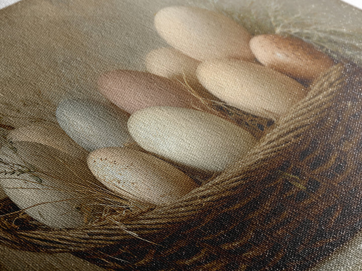 Fresh Eggs in a Woven Basket with Framed Canvas Print, Bed and Breakfast Art, Wall Decor, Living Room Decor, Fine Art, BAB-2x1-50