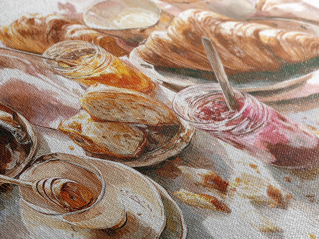 Fresh Croissants and Jam on a Linen Canvas Print, Bed and Breakfast Art, Printable, Living Room Decor, Fine Art, BAB-2x1-70