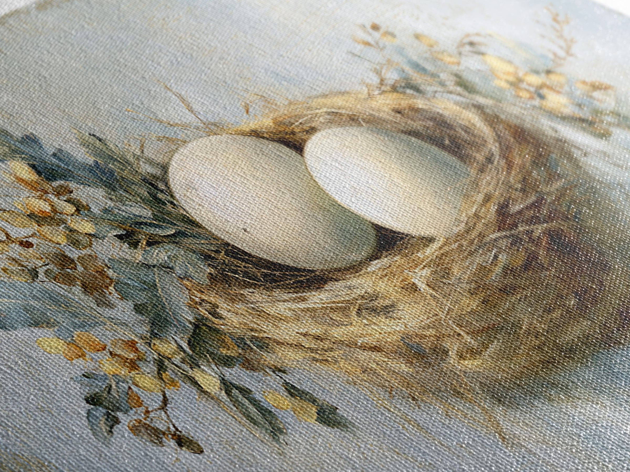 Fresh Eggs in a Woven Basket with Canvas Print, Bed and Breakfast Art, Printable Wall Art, Living Room Decor, Watercolor Art, BAB-2x1-74