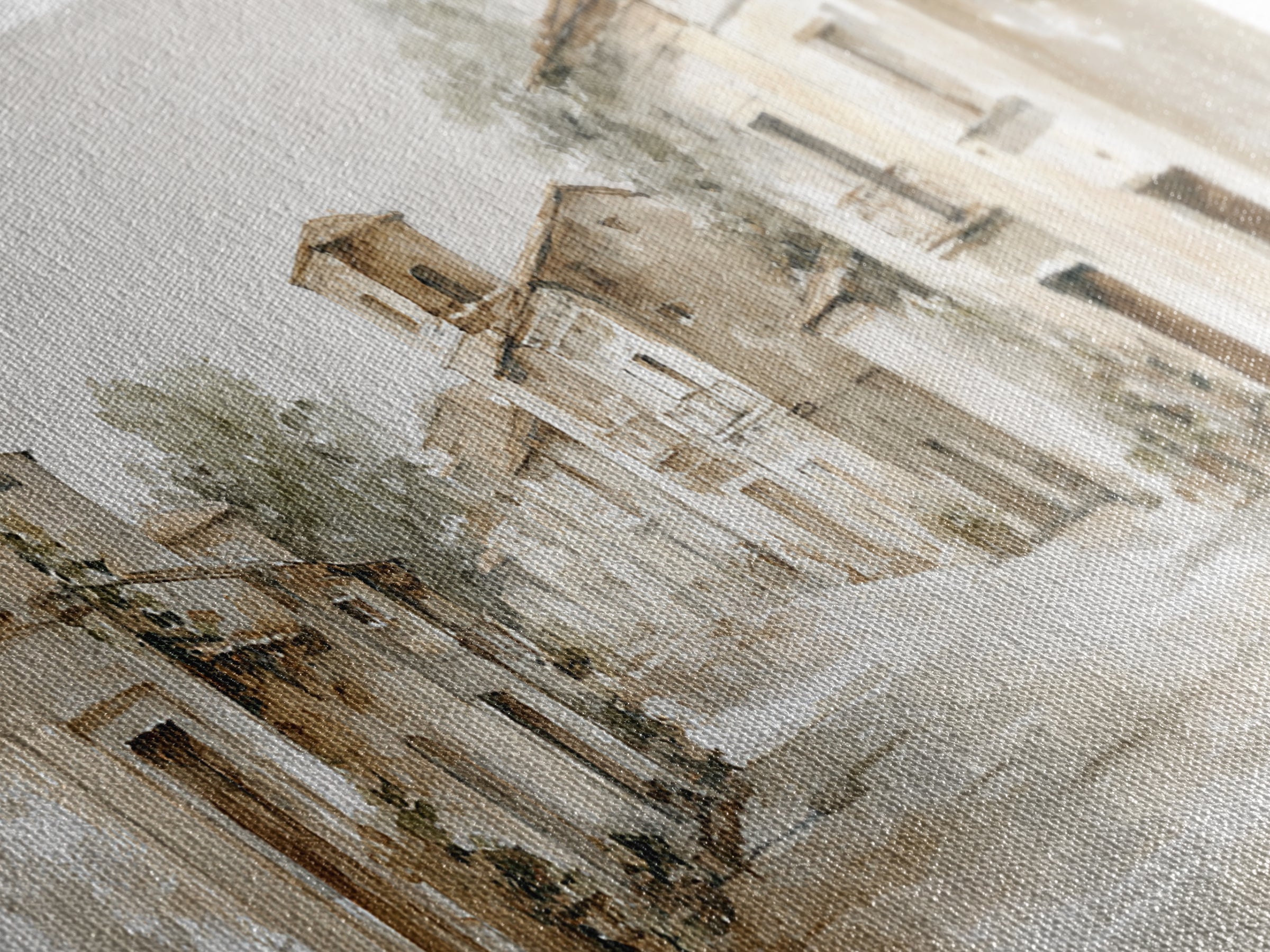 Soft Watercolor Village Street at Dawn Canvas Print, Bed and Breakfast Art, Bedroom Wall Art, Living Room Decor, BAB-2x1-97