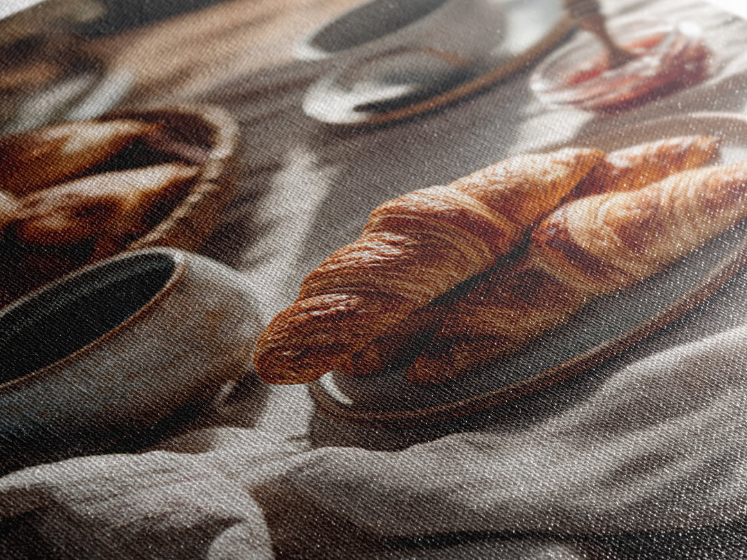 Fresh Croissants and Jam on a Linen Canvas Print, Bed and Breakfast Art, Abstract Art, Living Room Decor, Coffee Art, BAB-2x3-58