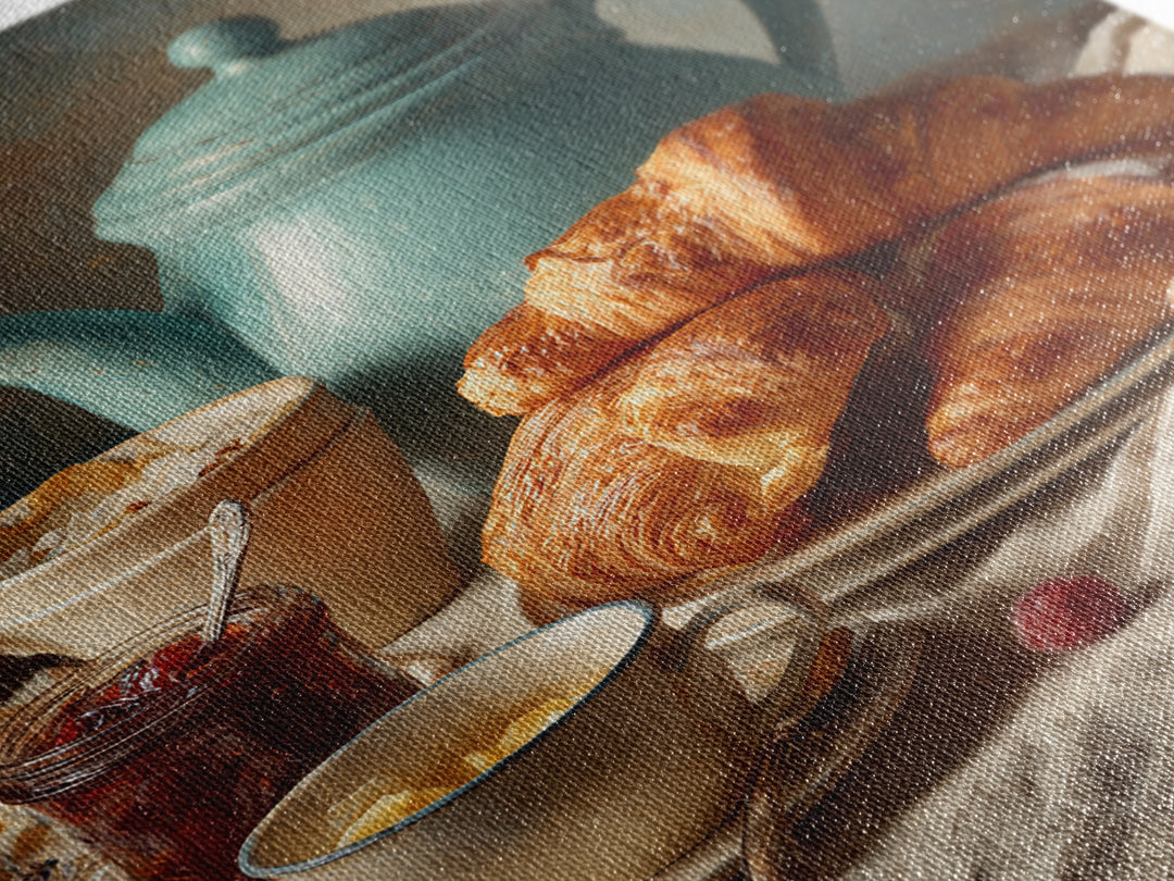 Fresh Croissants and Jam on a Linen Canvas Print, Bed and Breakfast Art, Abstract Art, Living Room Decor, Coffee Art, BAB-2x3-82