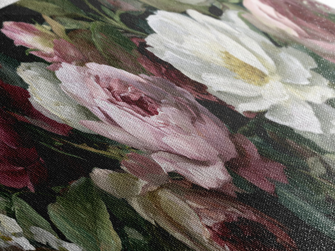 Garden Roses in Romantic Oil Paint Canvas Print, Bed and Breakfast Art, Bed, Living Room Decor, Oil Painting, BAB-3x1-13