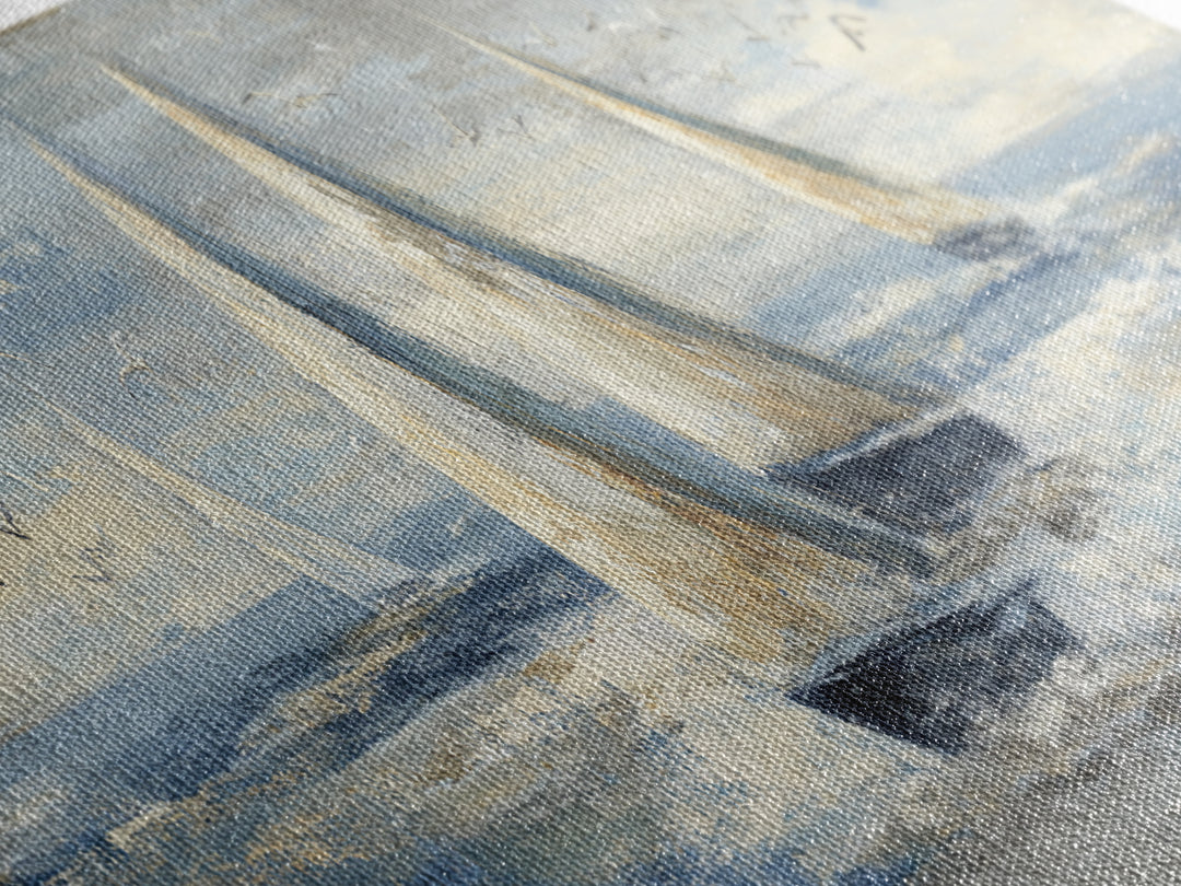 Coastal Inn Sailboat at Sunrise Framed Canvas Print, Bed and Breakfast Art, Folk Art, Living Room Decor, Fine Art, BAB-3x1-57