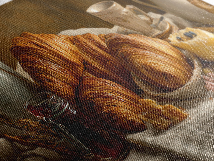 Fresh Croissants and Jam on a Linen Canvas Print, Bed and Breakfast Art, Bedroom Wall Art, Living Room Decor, Abstract Art, BAB-3x1-66