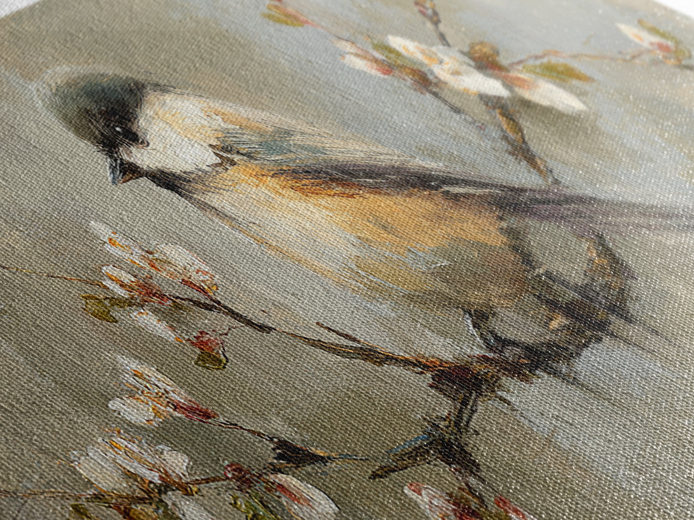 Small Bird on a Flowering Branch Canvas Print, Bed and Breakfast Art, Printable, Living Room Decor, Oil Painting, BAB-3x1-78