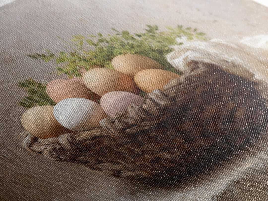 Fresh Eggs in a Woven Basket with Framed Canvas Print, Bed and Breakfast Art, Bed, Living Room Decor, Fine Art, BAB-3x2-10