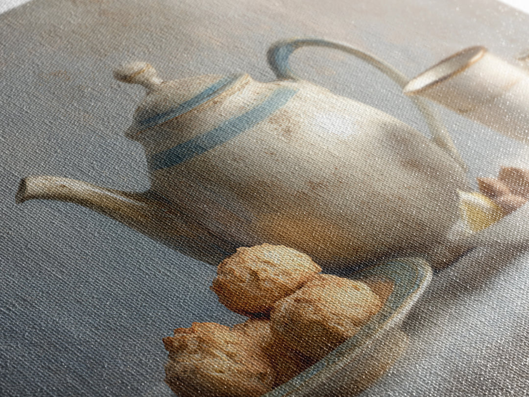 Porcelain Teapot and Scones Framed Canvas Print, Bed and Breakfast Art, Bedroom Art, Living Room Decor, Oil Painting, BAB-3x2-40