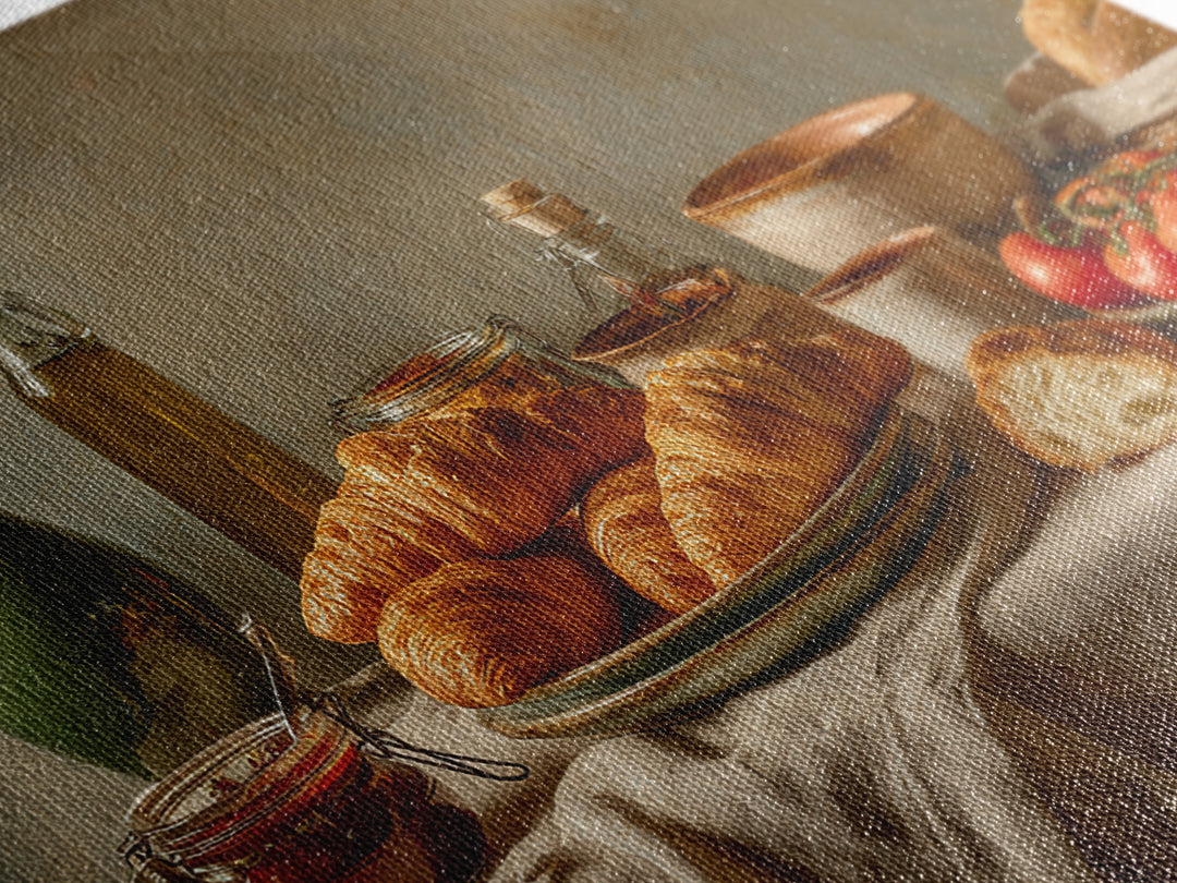 Fresh Croissants and Jam on a Linen Framed Canvas Print, Bed and Breakfast Art, Dopamine Decor, Living Room Decor, Fine Art, BAB-3x2-6