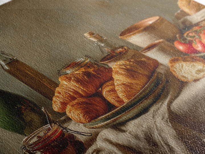 Fresh Croissants and Jam on a Linen Framed Canvas Print, Bed and Breakfast Art, Dopamine Decor, Living Room Decor, Fine Art, BAB-3x2-6