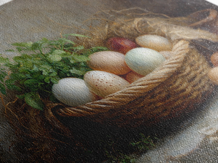 Fresh Eggs in a Woven Basket with Framed Canvas Print, Bed and Breakfast Art, Bedroom Art, Living Room Decor, Oil Painting, BAB-3x2-82