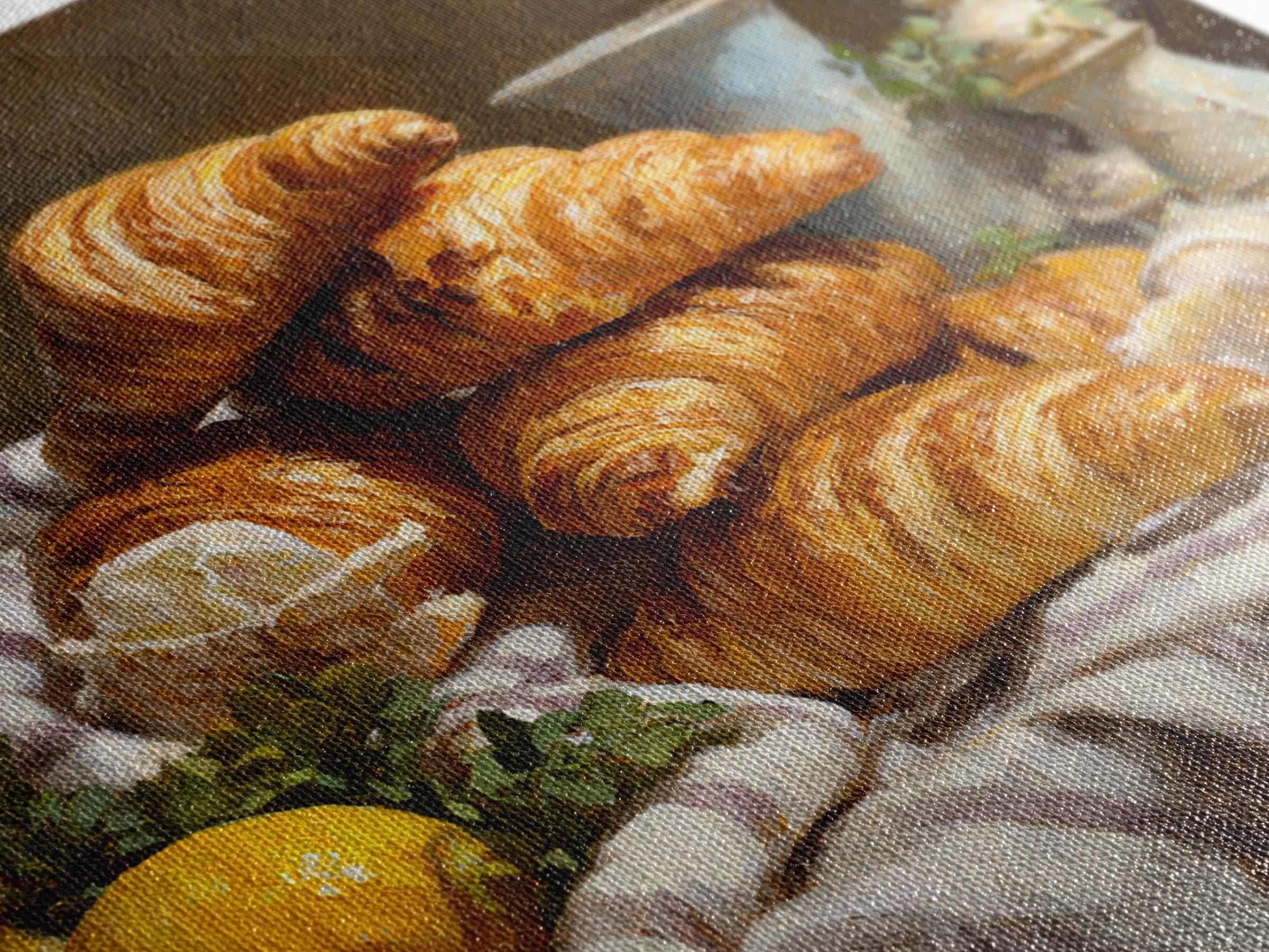 Buttery Croissants Stacked on Striped Linen Canvas Print, Bakery Art, Room Decor, Bakery Decor, Abstract Art, Patisserie, BAK-1x1-25