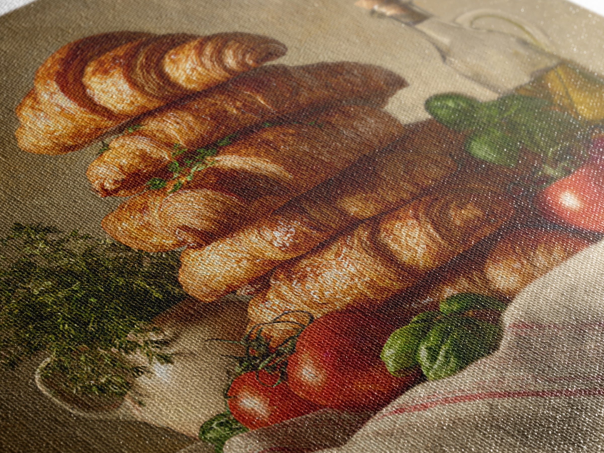 Buttery Croissants Stacked on Striped Linen Canvas Print, Bakery Art, Room Decor, Bakery Decor, Abstract Art, Patisserie, BAK-1x1-49