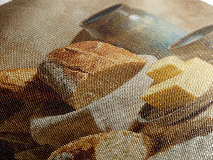 Baguette and Butter Still Life on Marble Framed Canvas Print, Bakery Art, Watercolor Painting, Bakery Decor, Patisserie, BAK-1x1-56