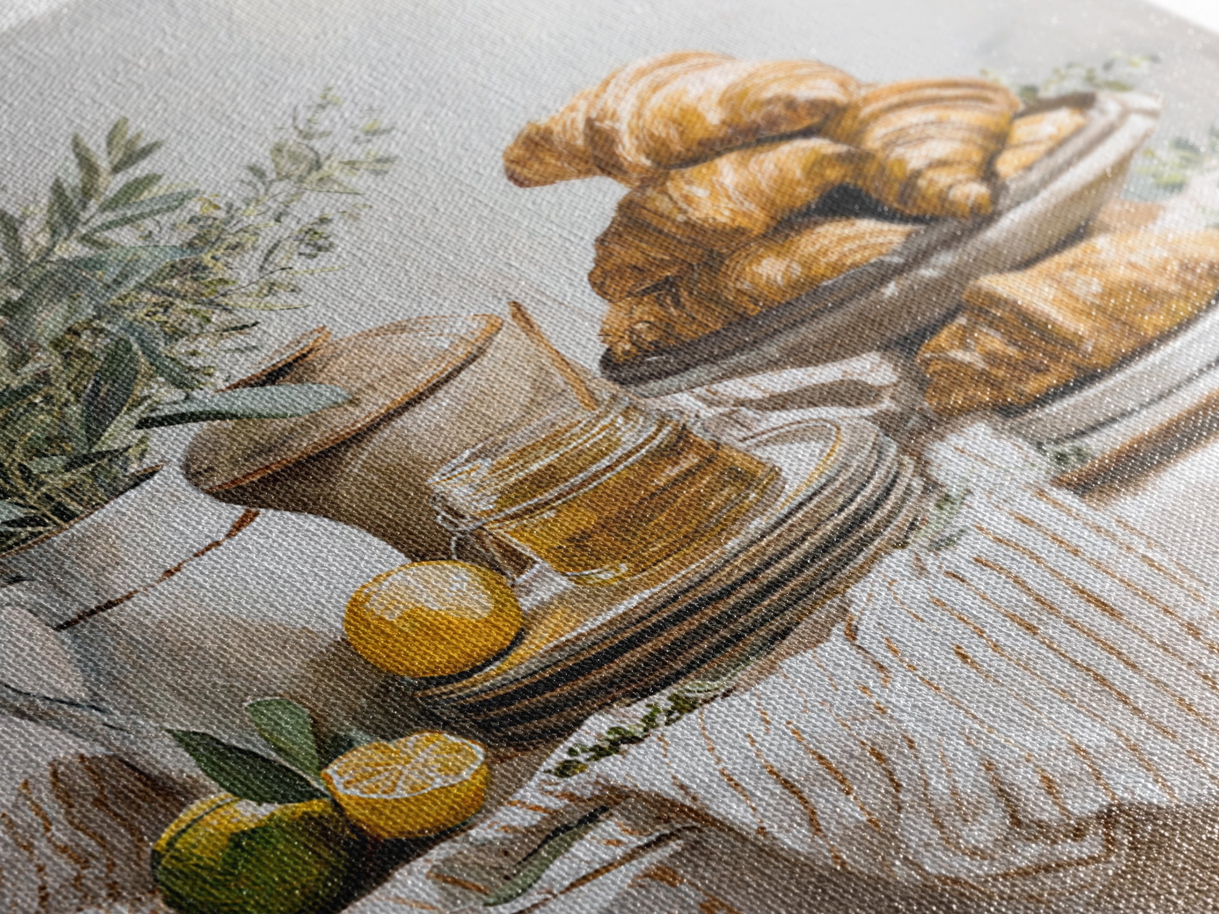 Buttery Croissants Stacked on Striped Linen Framed Canvas Print, Bakery Art, Home Decor, Bakery Decor, Abstract Art, Patisserie, BAK-1x1-73