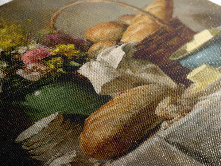 French Market Basket Filled Canvas Print, Bakery Art, Neutral Decor, Bakery Decor, Oil Painting, Patisserie, Home Decor, BAK-1x1-90