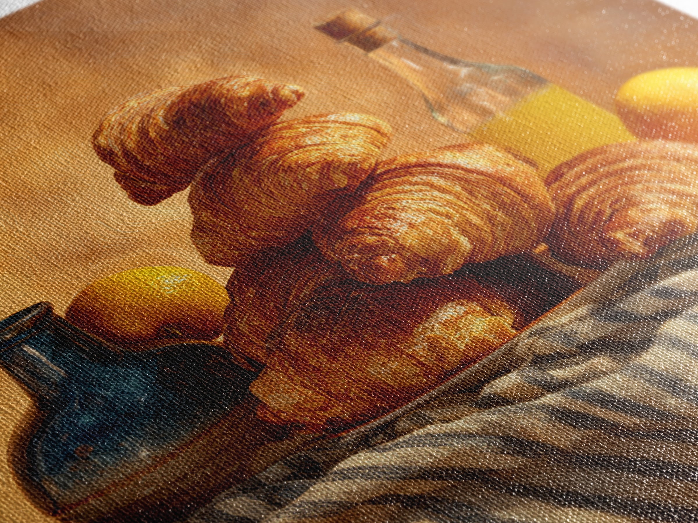 Buttery Croissants Stacked on Striped Linen Canvas Print, Bakery Art, Kitchen Wall Art, Bakery Decor, Fine Art, Patisserie, BAK-1x1-97