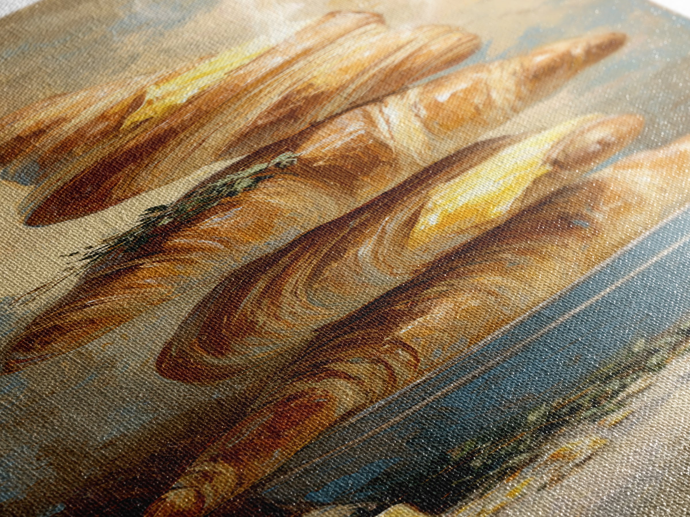 Buttery Croissants Stacked on Striped Linen Canvas Print, Bakery Art, Kitchen Art, Bakery Decor, Abstract Art, Patisserie, BAK-1x3-85