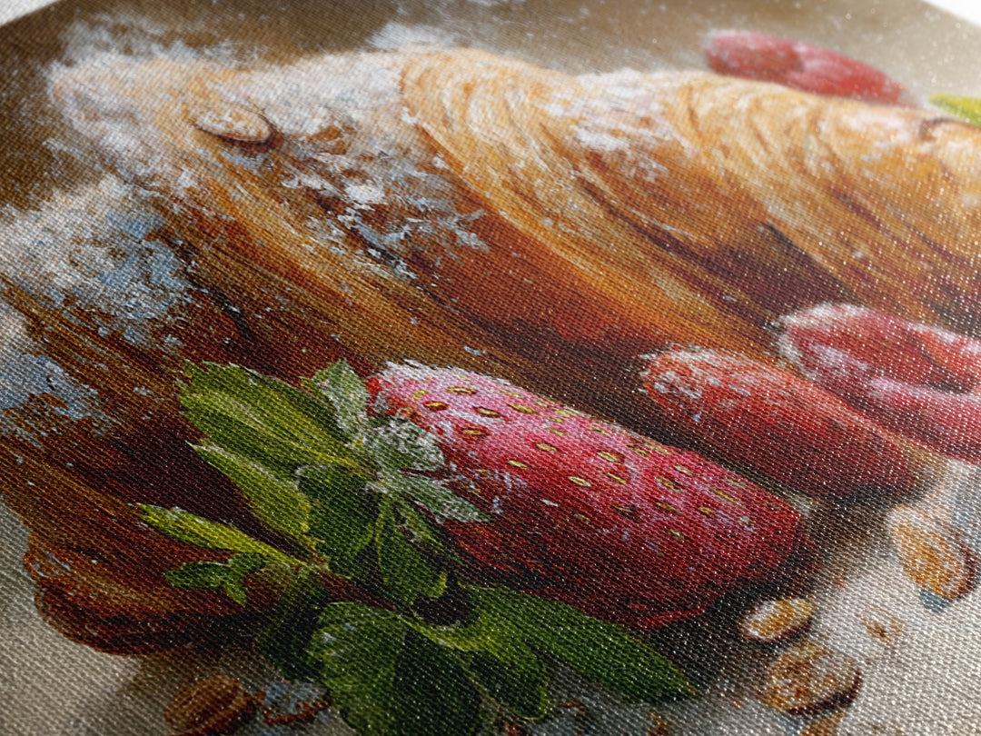 Almond Croissant Closeup Framed Canvas Print, Bakery Art, Wall Art, Bakery Decor, Oil Painting, Patisserie, Kitchen Wall Decor, BAK-2x1-35