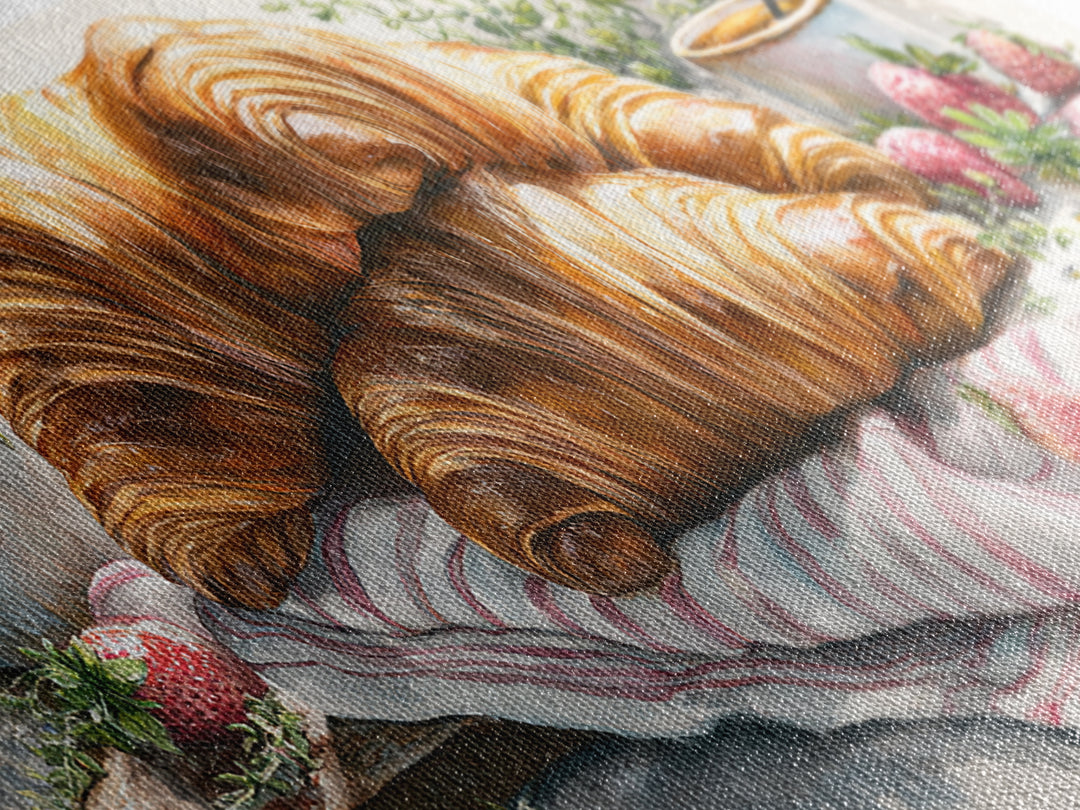 Buttery Croissants Stacked on Striped Linen Framed Canvas Print, Bakery Art, Kitchen Wall Decor, Bakery Decor, Patisserie, BAK-2x1-45
