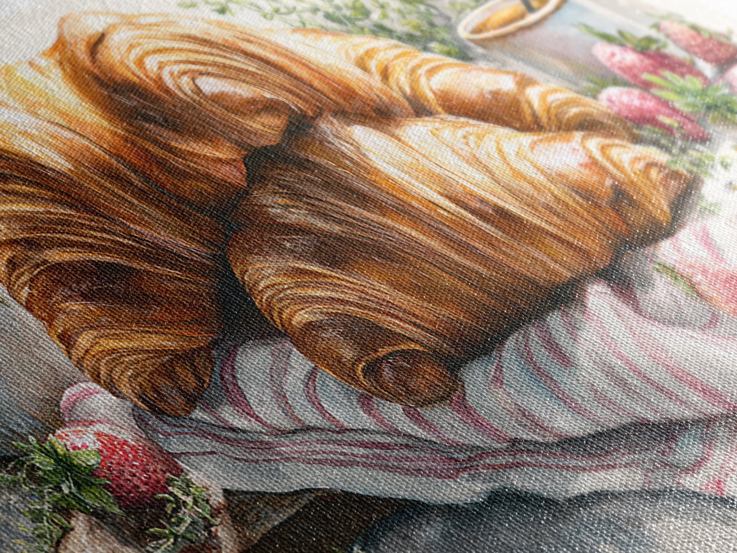 Buttery Croissants Stacked on Striped Linen Framed Canvas Print, Bakery Art, Kitchen Wall Decor, Bakery Decor, Patisserie, BAK-2x1-45